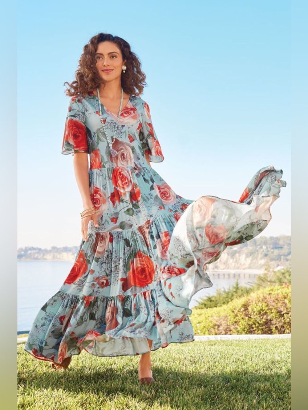 Soft Surroundings Blue Floral Tiered First Blooms Maxi Dress Size Large - Picture 2 of 14